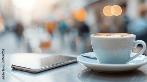 Coffee Cup and Smartphone on Table at Cafe During Sunny Afternoon