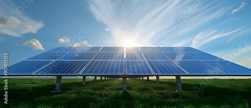 the innovation in solar power technology, featuring vast solar panel fields with sunlight being converted into energy, set against a backdrop of a clear blue sky design