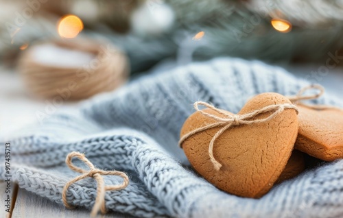 Decorated Gingerbread Hearts on a Rustic Cloth Amidst Holiday Decor