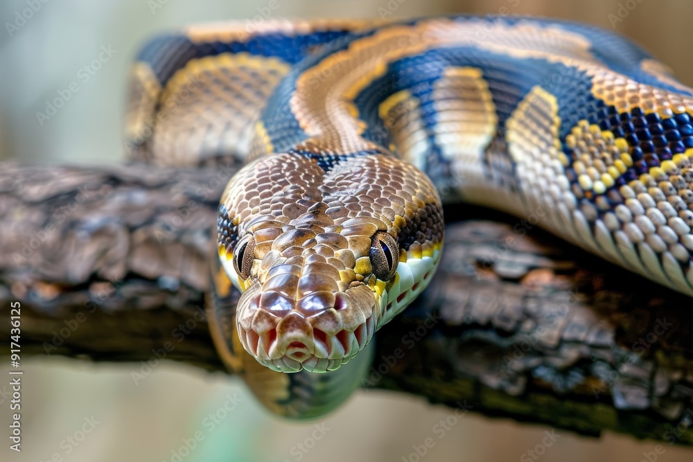 Big multi-colored python snake crawling on the ground. Beautiful simple ...