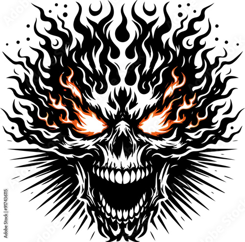human skull small fractures angry yelling with flames