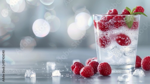Refreshing Sparkling Water With Raspberries and Mint Garnish on Bright Surface