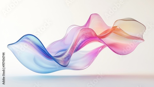 The blurred background in this 3D render is an abstract landscape rendered in nature style. Transparent glossy glass ribbon on water. Holographic curved wave in motion. Purple gradient design element