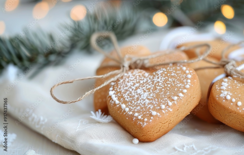 Decorated Gingerbread Hearts on a Rustic Cloth Amidst Holiday Decor Decorated Gingerbread Hearts on a Rustic Cloth Amidst Holiday Decor