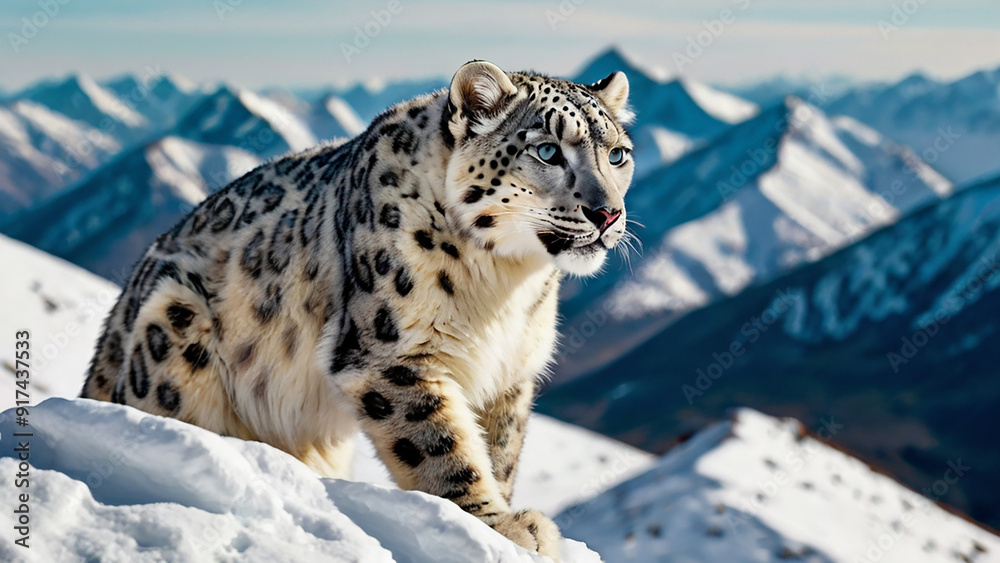 A beautifull white leoperd on hills in snow A beautifull white leoperd on hills in snow