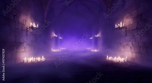 Haunted castle with mist and candles, halloween party invitation card with empty space for text