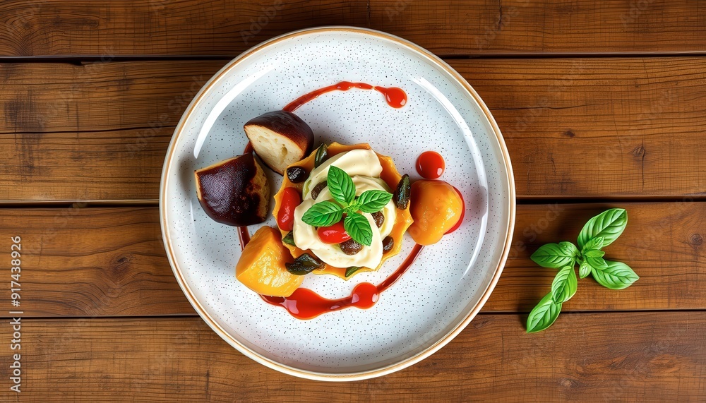 Delicious Dessert with Mango, Cream and Chocolate Sauce on White Plate. Delicious Dessert with Mango, Cream and Chocolate Sauce on White Plate.