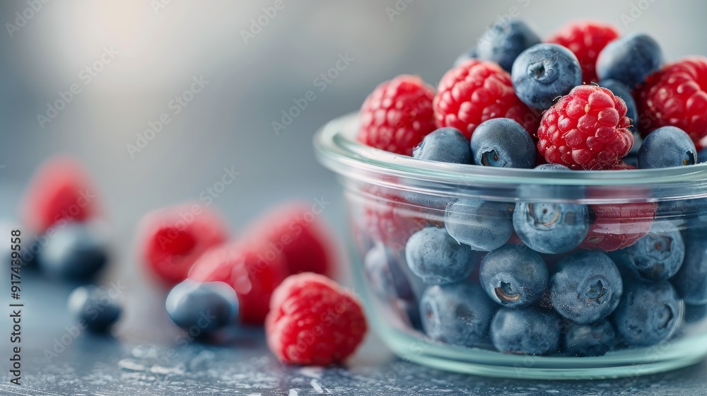 Fresh Raspberries And Blueberries In A Glass Bowl On A Gray Surface Fresh Raspberries And Blueberries In A Glass Bowl On A Gray Surface