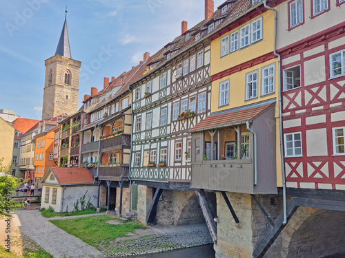 Historic bridge "Krämerbrücke" with houses in the old town of Erfurt, Germany