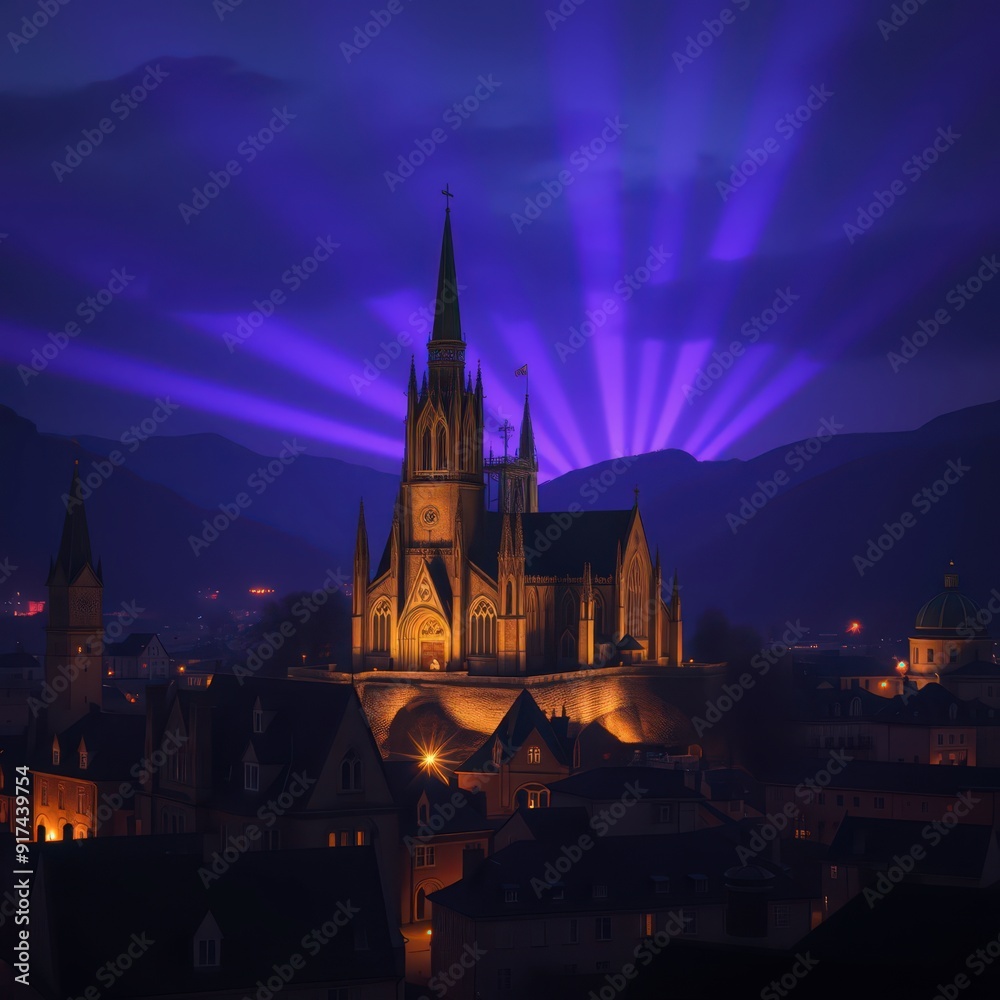 Nighttime View of Church with Purple Lights. Nighttime View of Church with Purple Lights.