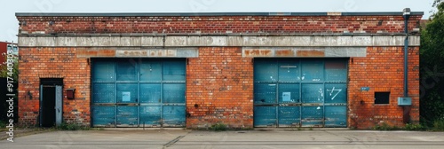 A brick building with two blue garage doors and a visible open door on the side
