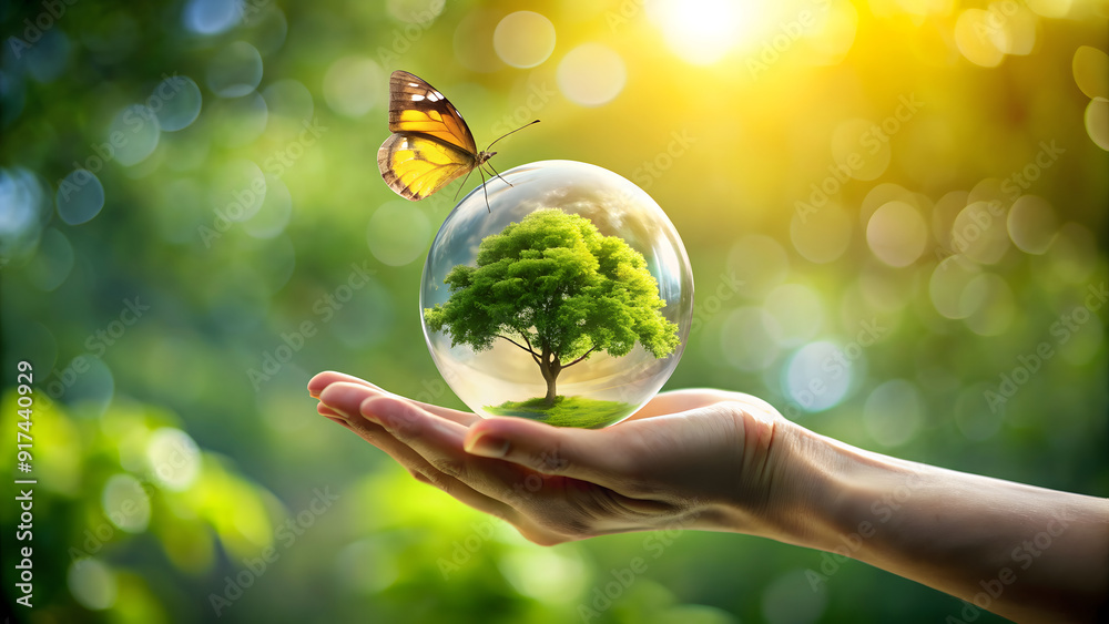 Conceptual image of human hand holding glass globe with green tree inside Conceptual image of human hand holding glass globe with green tree inside