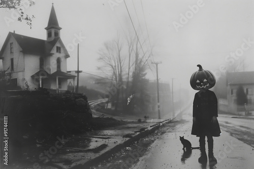 black and white horror photo of a little girl wearing a jack-o'-lantern mask standing in a foggy town street with a black cat, church in the background.