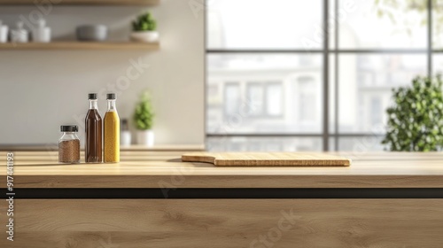 Wooden Countertop with Bottles and Cutting Board in Modern Kitchen