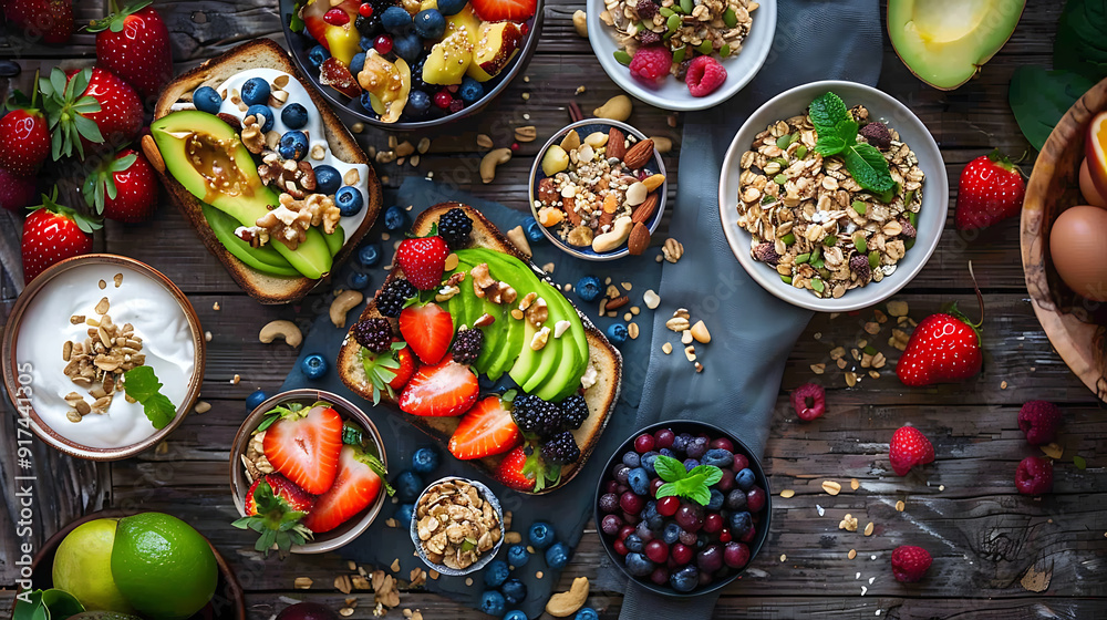 healthy food table top view featuring avocado toast, fresh fruits like strawberries and blueberries, bowls of yogurt with granola and nuts, directly above view, all arranged on a rustic wooden table. healthy food table top view featuring avocado toast, fresh fruits like strawberries and blueberries, bowls of yogurt with granola and nuts, directly above view, all arranged on a rustic wooden table.