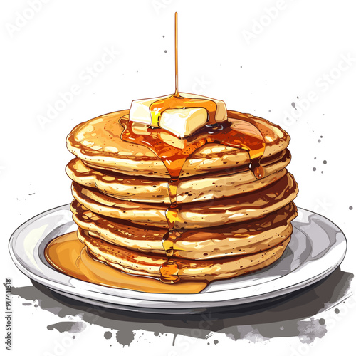 Illustration of a stack of pancakes with butter and honey on a plate
