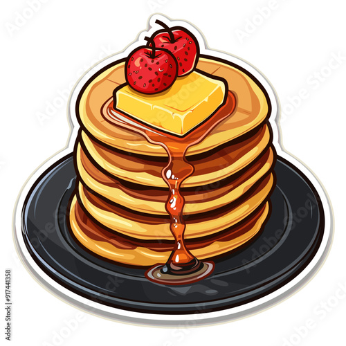 Illustration of a stack of pancakes with cherry and honey on a plate