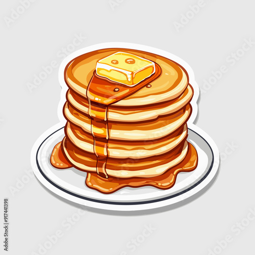 Vector illustration of a stack of pancakes with butter and maple syrup.