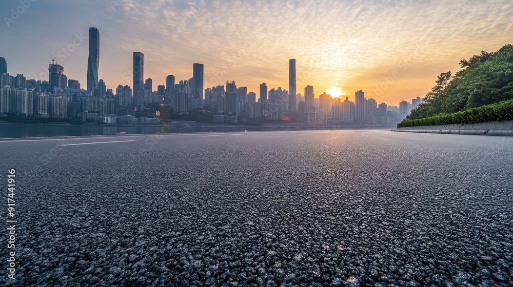 Empty Road Leading Towards Modern City Skyline at Sunset Empty Road Leading Towards Modern City Skyline at Sunset