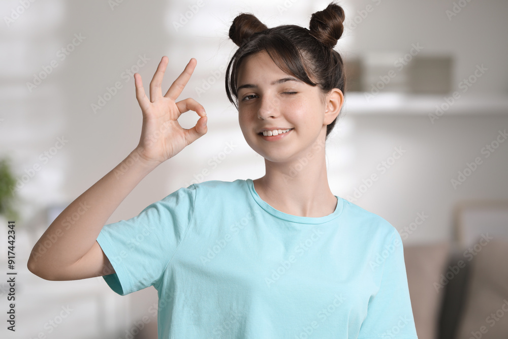 Portrait of smiling teenage girl showing ok gesture at home Portrait of smiling teenage girl showing ok gesture at home