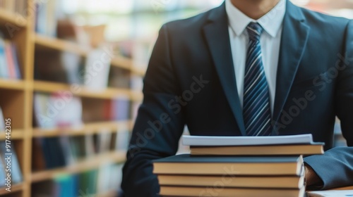 A Man in a Suit Holding a Stack of Books in a Library