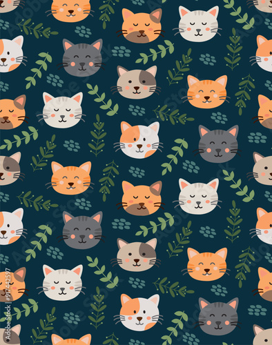 Seamless pattern with cute cats and plants. Vector cartoon backdrop in flat style.	