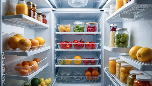 Wallpaper Mural A well-organized refrigerator filled with fresh fruits, vegetables, and juices, epitomizing healthy living and proper food storage. Torontodigital.ca