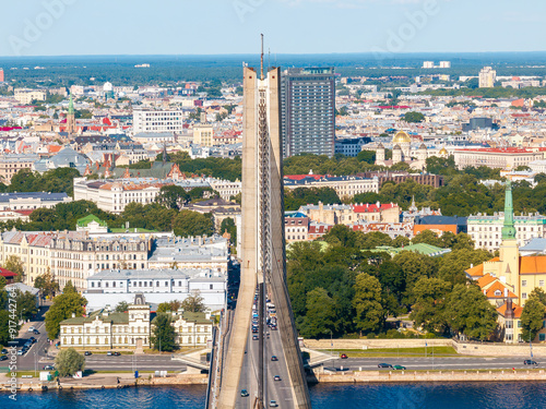 Aerial view of the Vanšu Bridge spanning across the Daugava River towards central Riga, Latvia photo