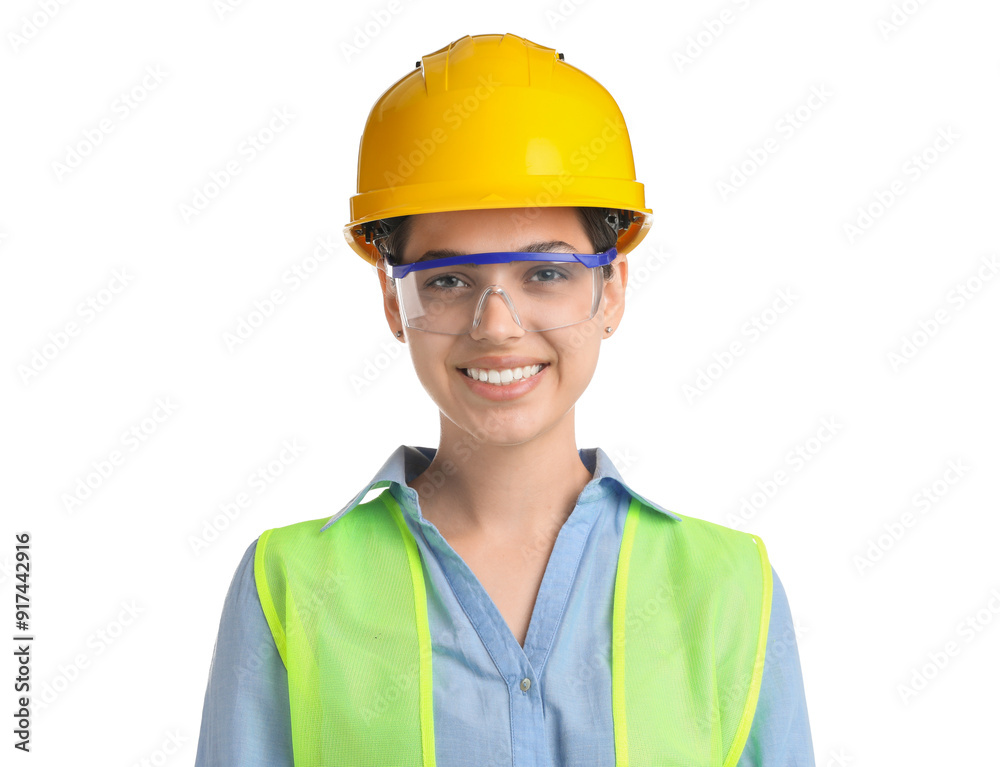 Engineer in hard hat and goggles on white background Engineer in hard hat and goggles on white background