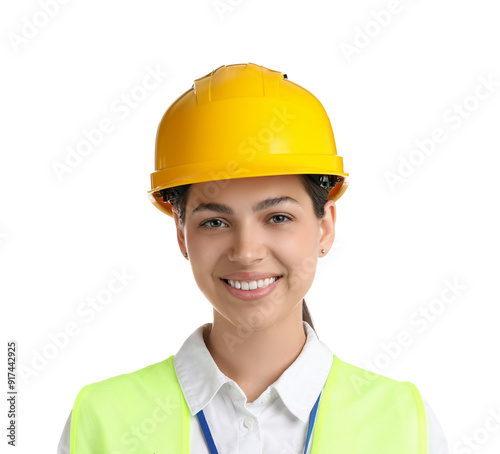 Engineer in hard hat on white background