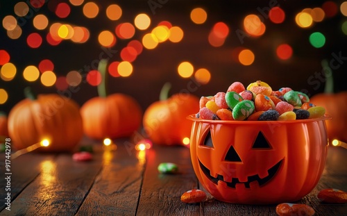 Halloween candy in bowl with pumpkin shaped bucket photo