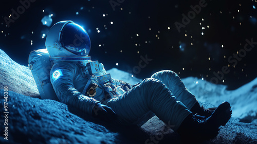 Astronaut in spacesuit resting on a moon-like surface.