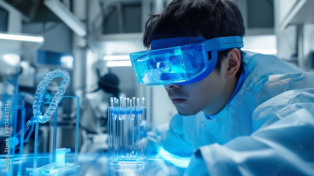 Scientist wearing VR headset examines lab samples. Scientist wearing VR headset examines lab samples.