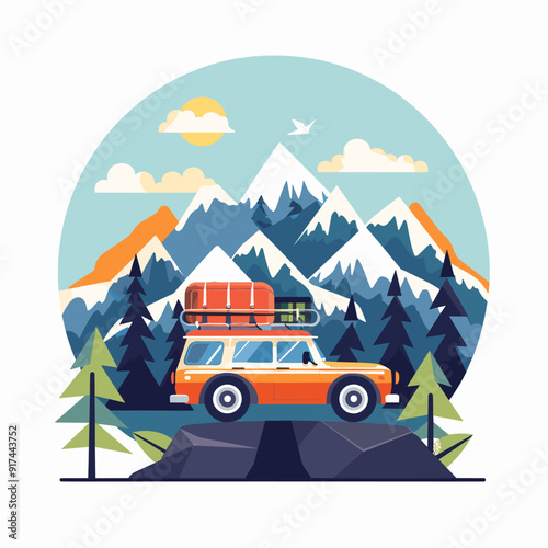 Vacation in the mountains. Road trip concept. Flat vector illustration.