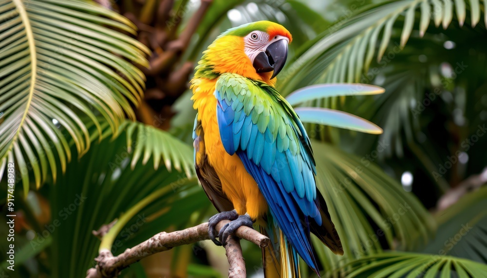 Colorful Macaw Parrot Perched on Branch in Tropical Rainforest.