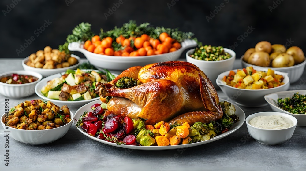 Vibrant, realistic photo of a mouthwatering traditional turkey dinner with perfectly golden-brown holiday birds on the center plate surrounded by colorful side dishes like roasted vegetables and stuff Vibrant, realistic photo of a mouthwatering traditional turkey dinner with perfectly golden-brown holiday birds on the center plate surrounded by colorful side dishes like roasted vegetables and stuff