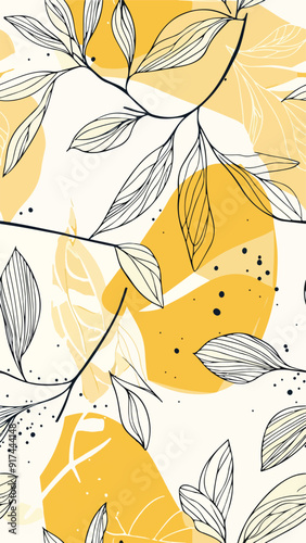 A seamless vertical social media background in yellow floral botanical theme, delicate line drawing in minimalist abstract style. Vertical social media, wallpaper and textile pattern can be tiled