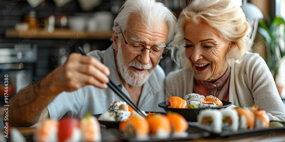 Portrait of an elderly couple eating sushi Portrait of an elderly couple eating sushi