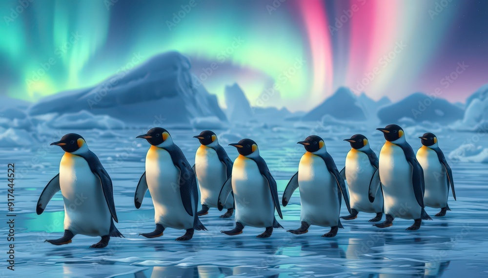 Obraz premium Penguins Walking on Ice Under Aurora Borealis.