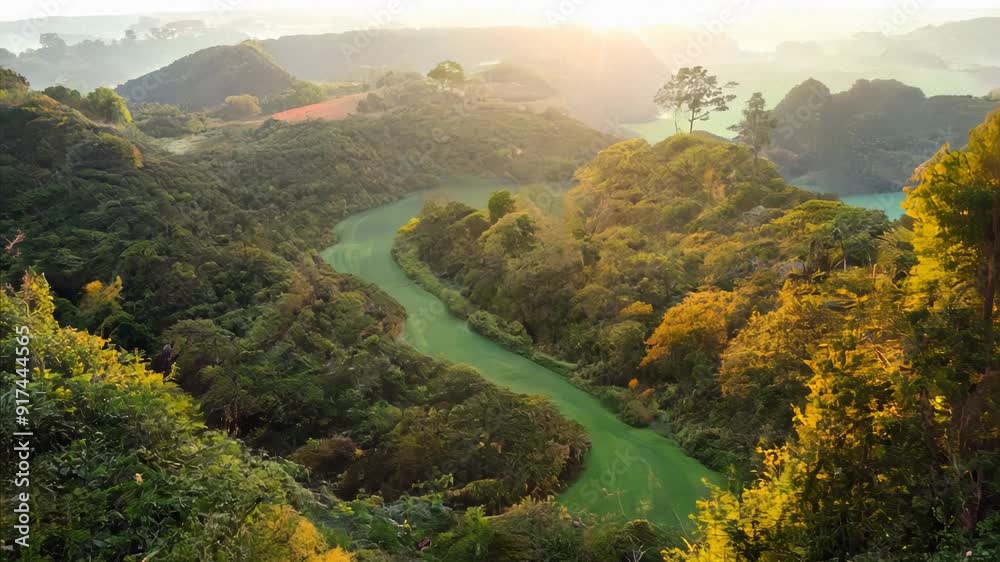 Sunrise Over Lush Valley with Winding Path Sunrise Over Lush Valley with Winding Path