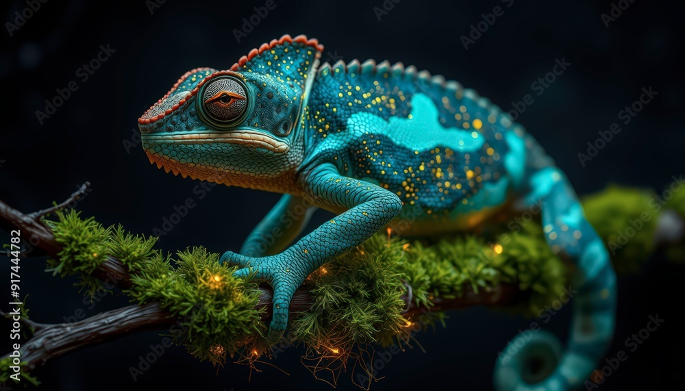 Fototapeta premium Blue Chameleon with Golden Dots on a Branch.