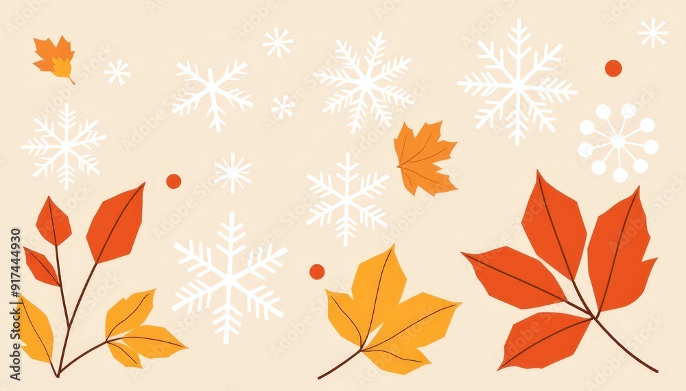 Autumn Leaves and Snowflakes on Beige Background. Autumn Leaves and Snowflakes on Beige Background.