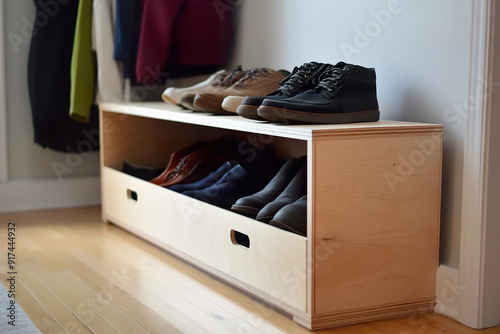 Stylish budget storage bench for organizing shoes in cozy entryway photo