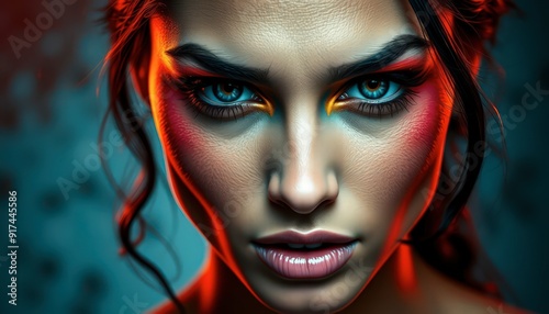 Woman with dramatic red and blue makeup.