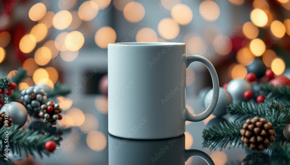White Mug with Christmas Lights and Ornaments.