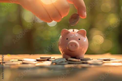 Hand putting coins in a piggy bank for save money and Saving Money concept photo