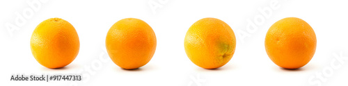 four oranges from different angles white background
