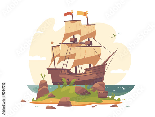 Pirate ship on the island. Vector illustration in flat cartoon style