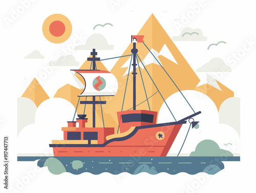 Fishing boat on the sea. Vector illustration in flat style.