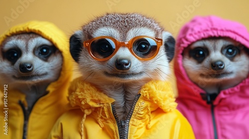 Vibrant Meerkats in Fashionable Attire for Advertisement or Party Invite, Isolated on Solid Background, Perfect for Creative Banners, Generative AI